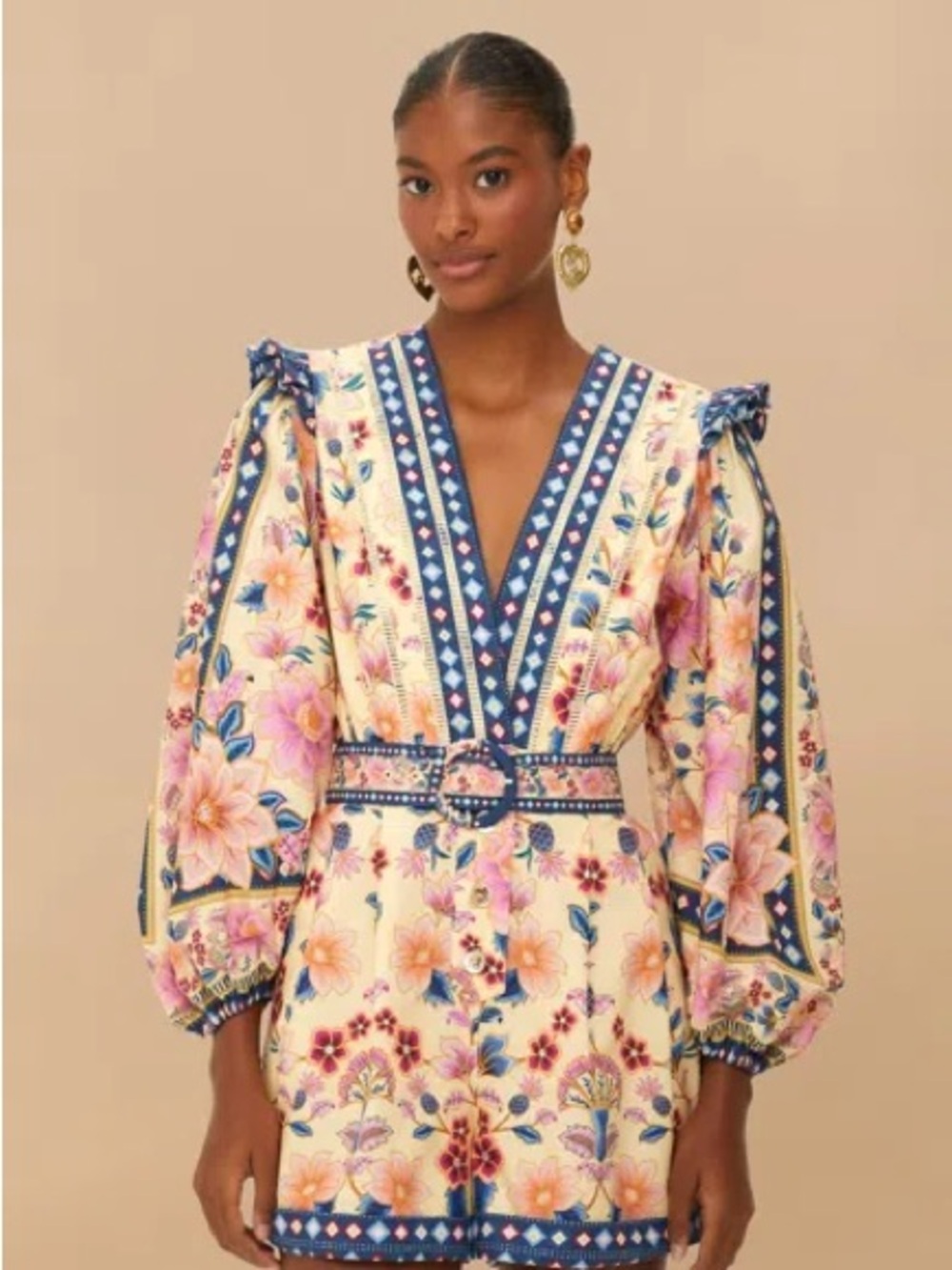 FARM Rio Cream Floral V-Neck Puff Sleeve Romper with Blue Trim
